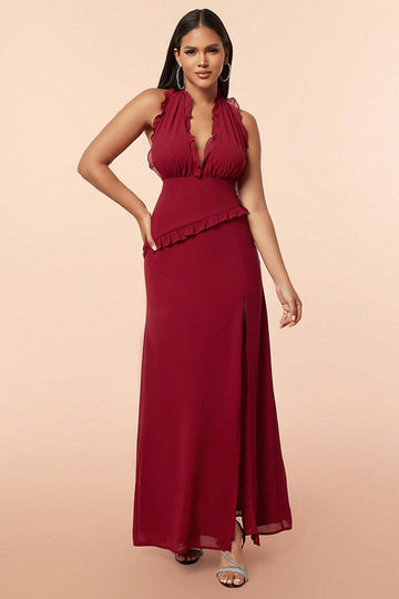 Burgundy Halter Ruffles Prom Dress with Slit